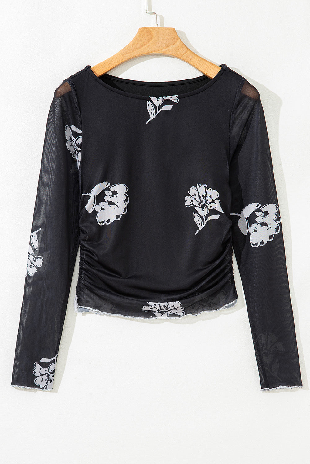 Black Floral Print Sleek Bodice Mesh Long Sleeve Top