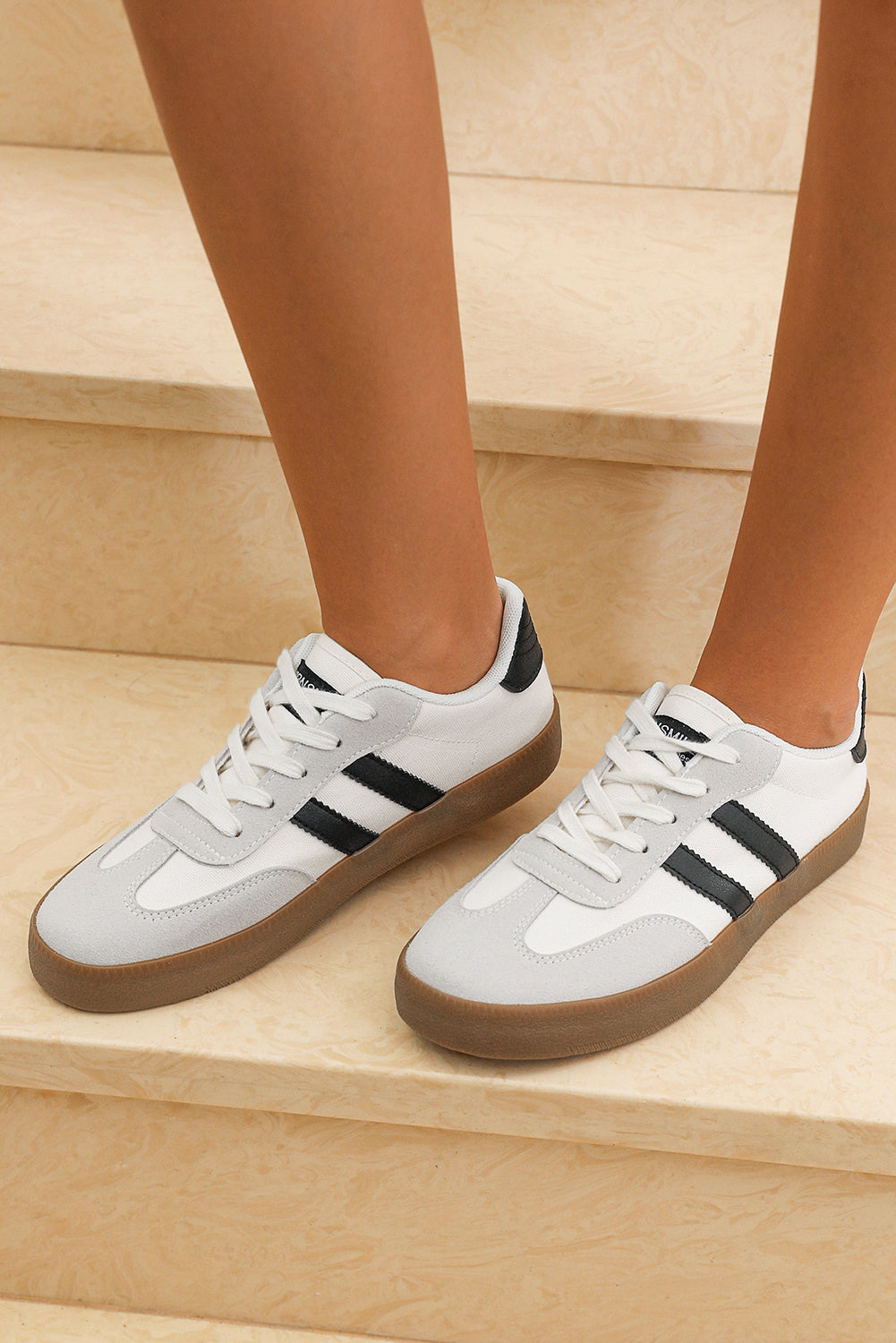 White Striped Lace Up Flat Sneakers