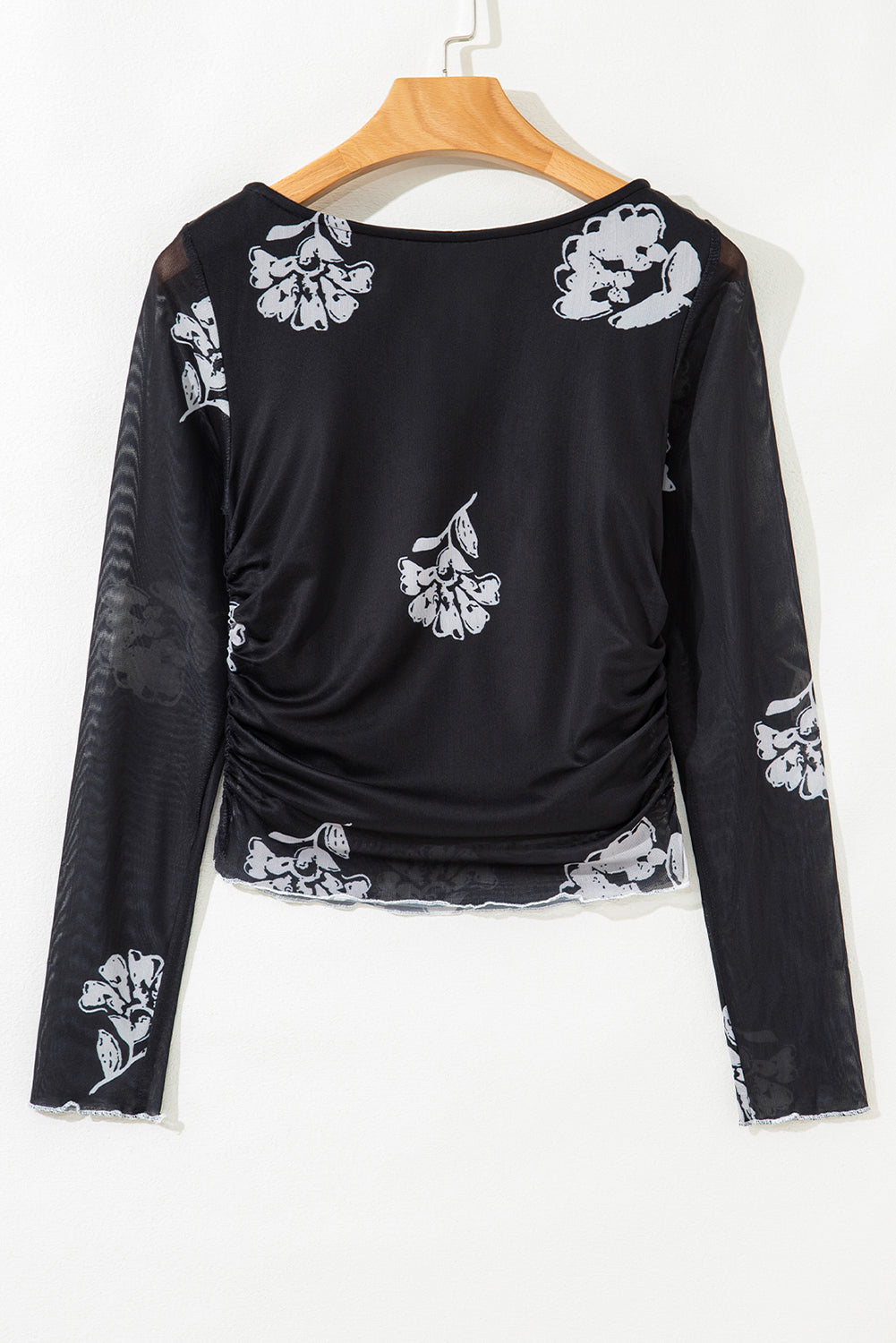 Black Floral Print Sleek Bodice Mesh Long Sleeve Top