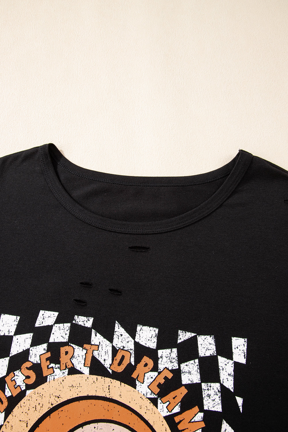 Black Checkered DESERT DREAMS Print Ripped Plus Size Tee