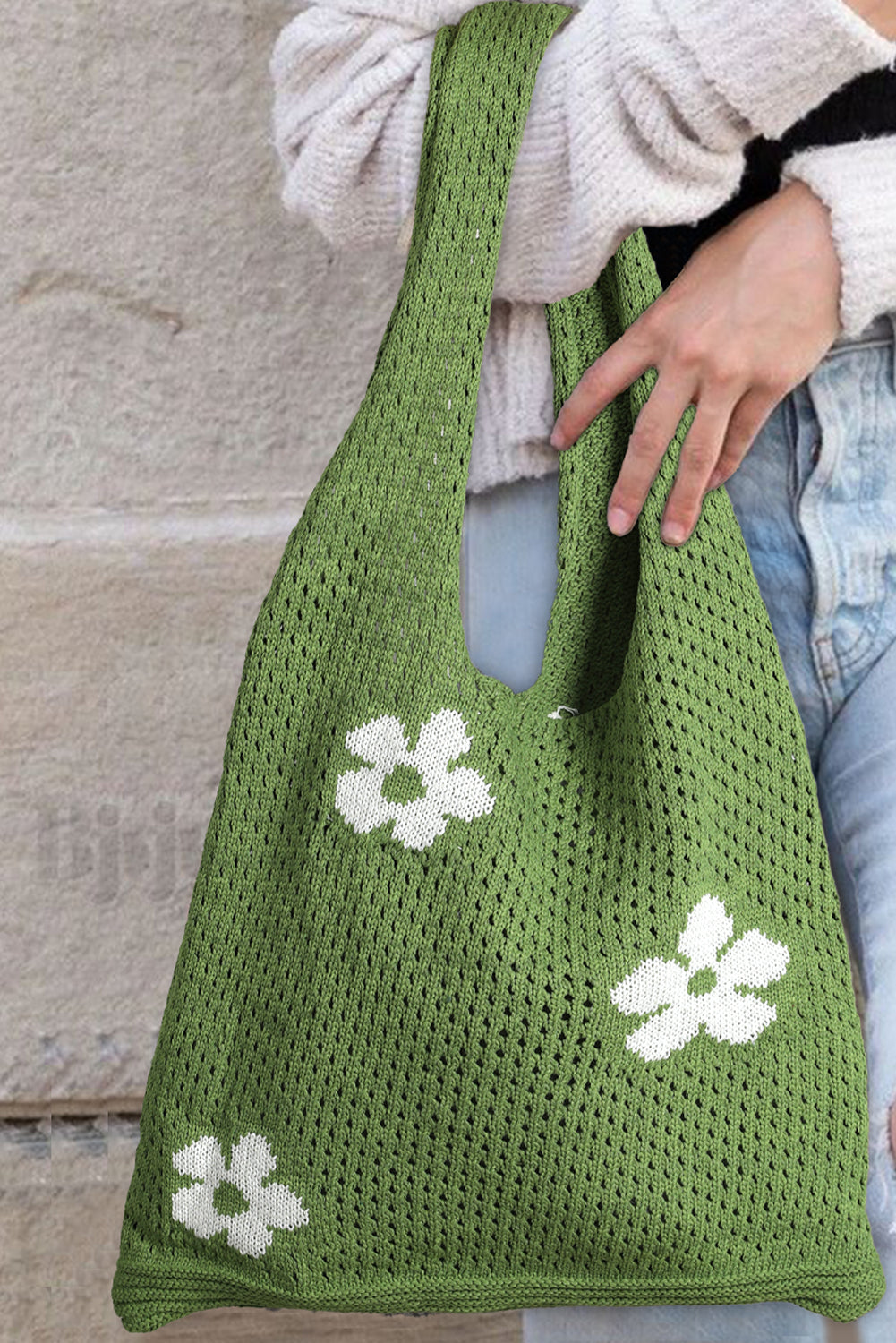 Sac à bandoulière en tricot à tricot creux de fleur verte des années 60S 60S