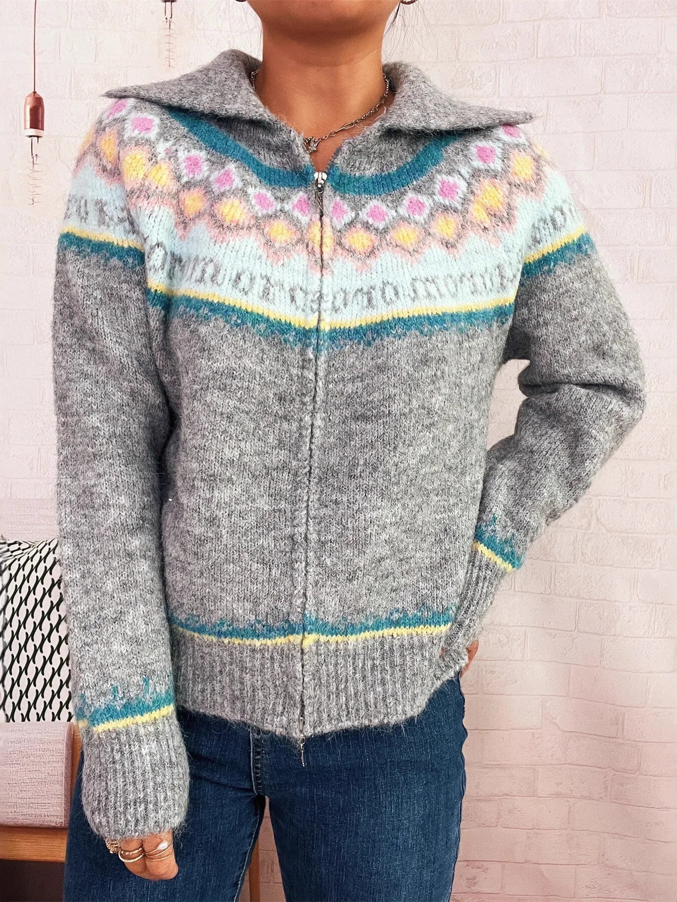 Fair Isle Pattern Zip - Up Cardigan - MAD RUFFI