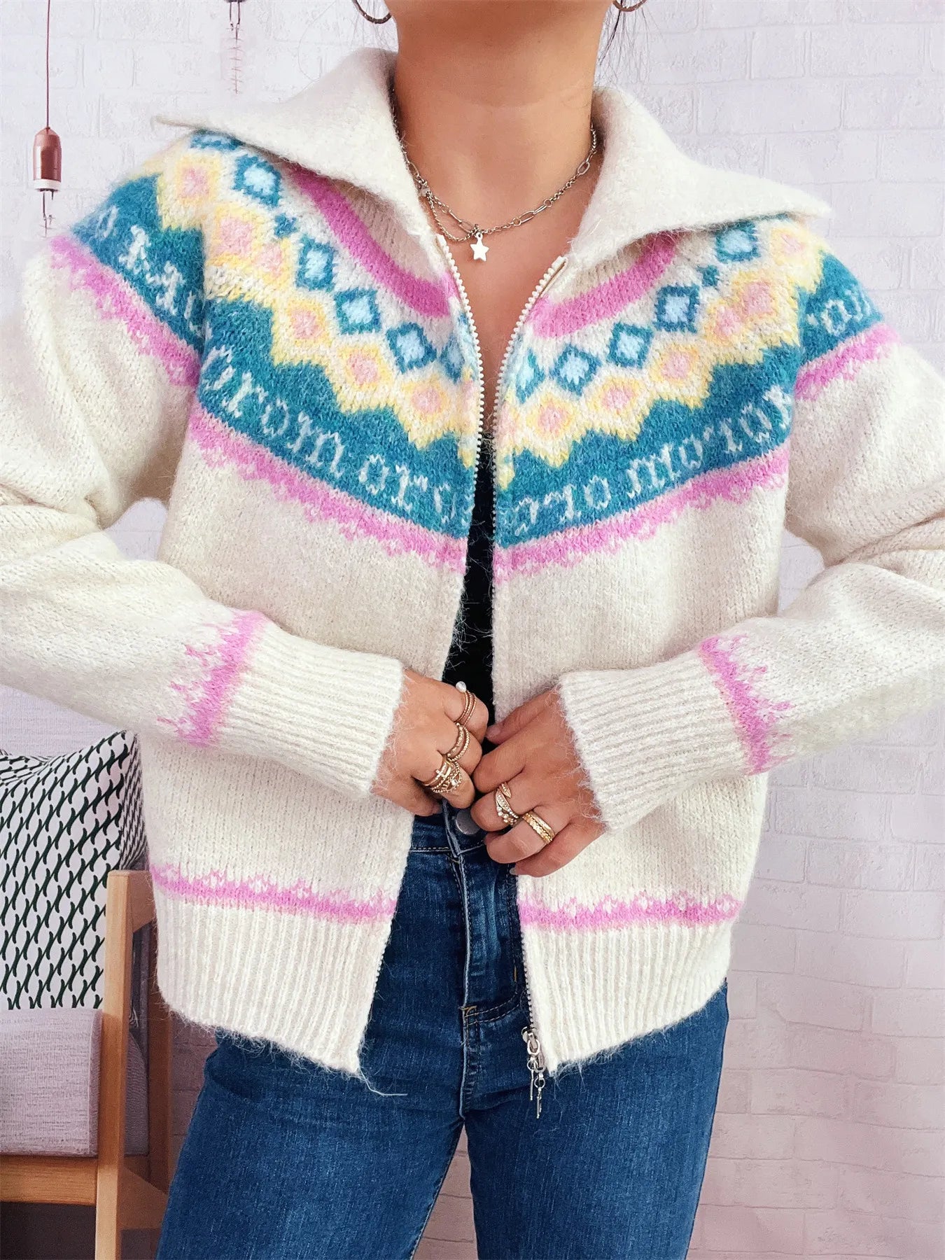 Fair Isle Pattern Zip - Up Cardigan - MAD RUFFI