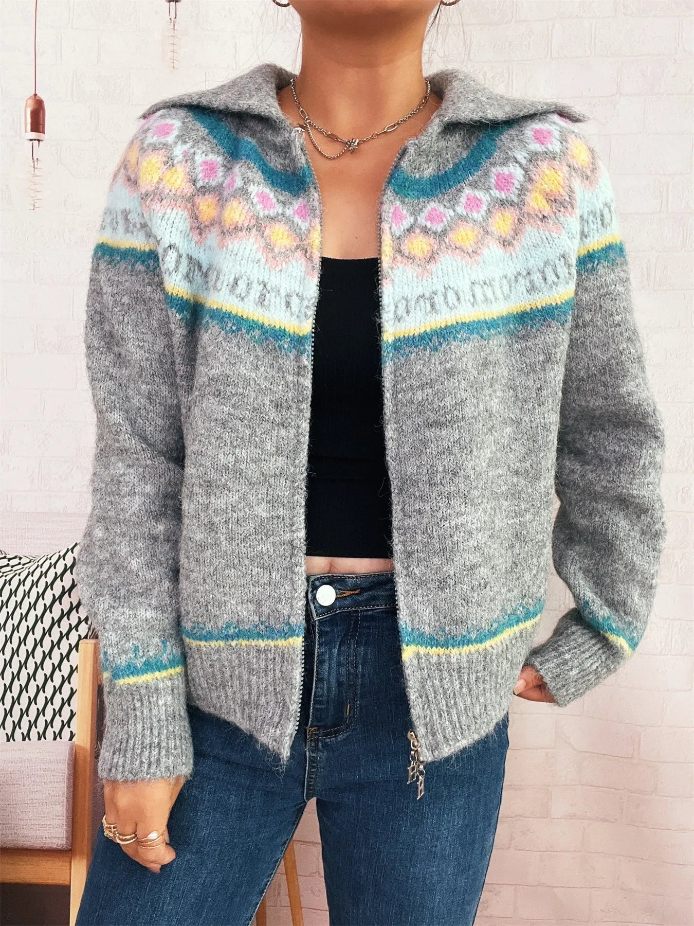 Fair Isle Pattern Zip - Up Cardigan - MAD RUFFI