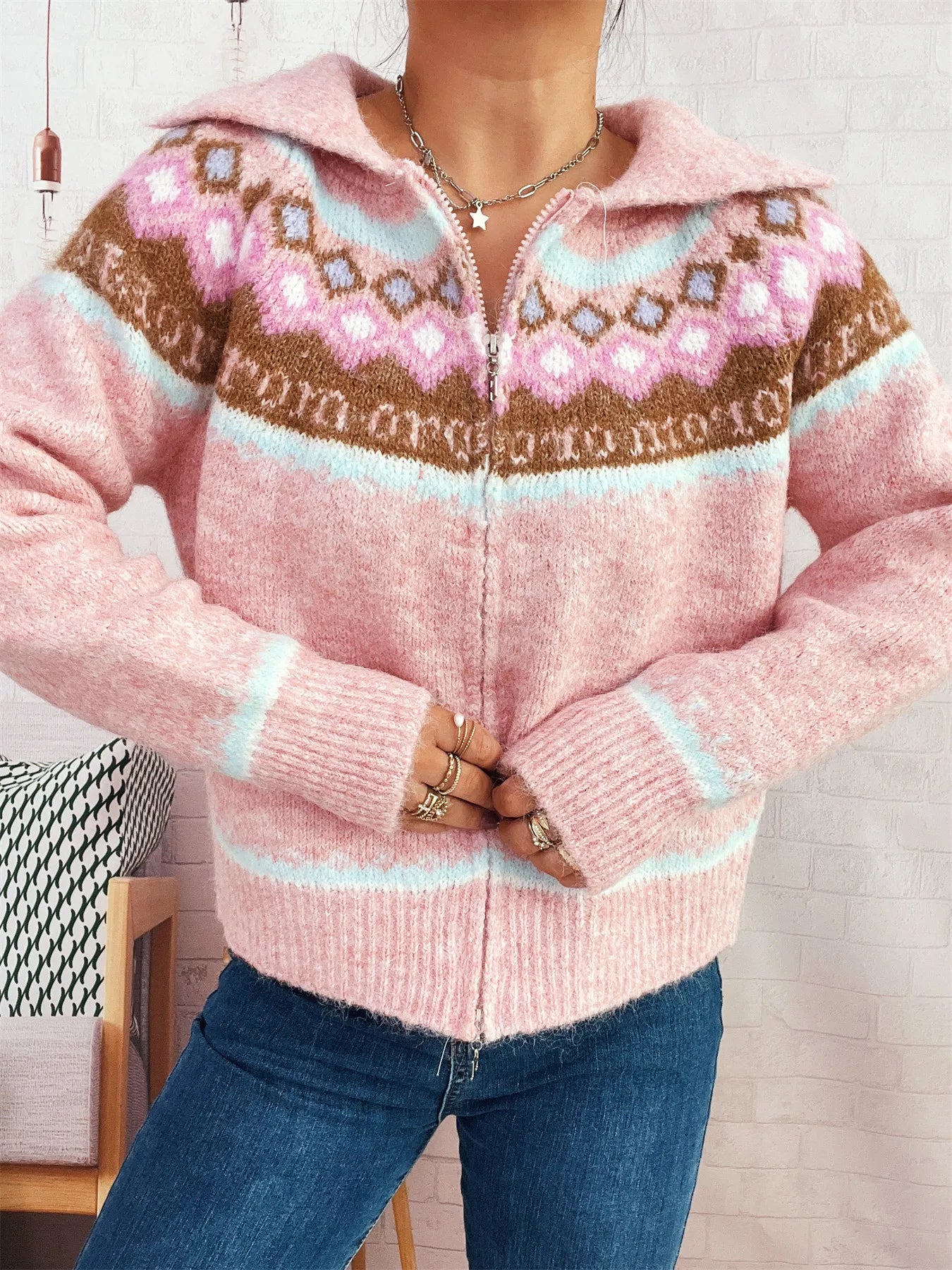 Fair Isle Pattern Zip - Up Cardigan - MAD RUFFI