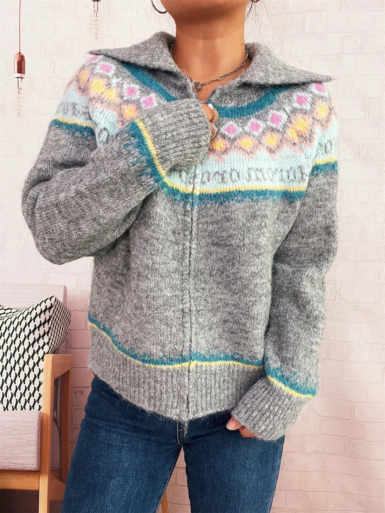 Fair Isle Pattern Zip - Up Cardigan - MAD RUFFI
