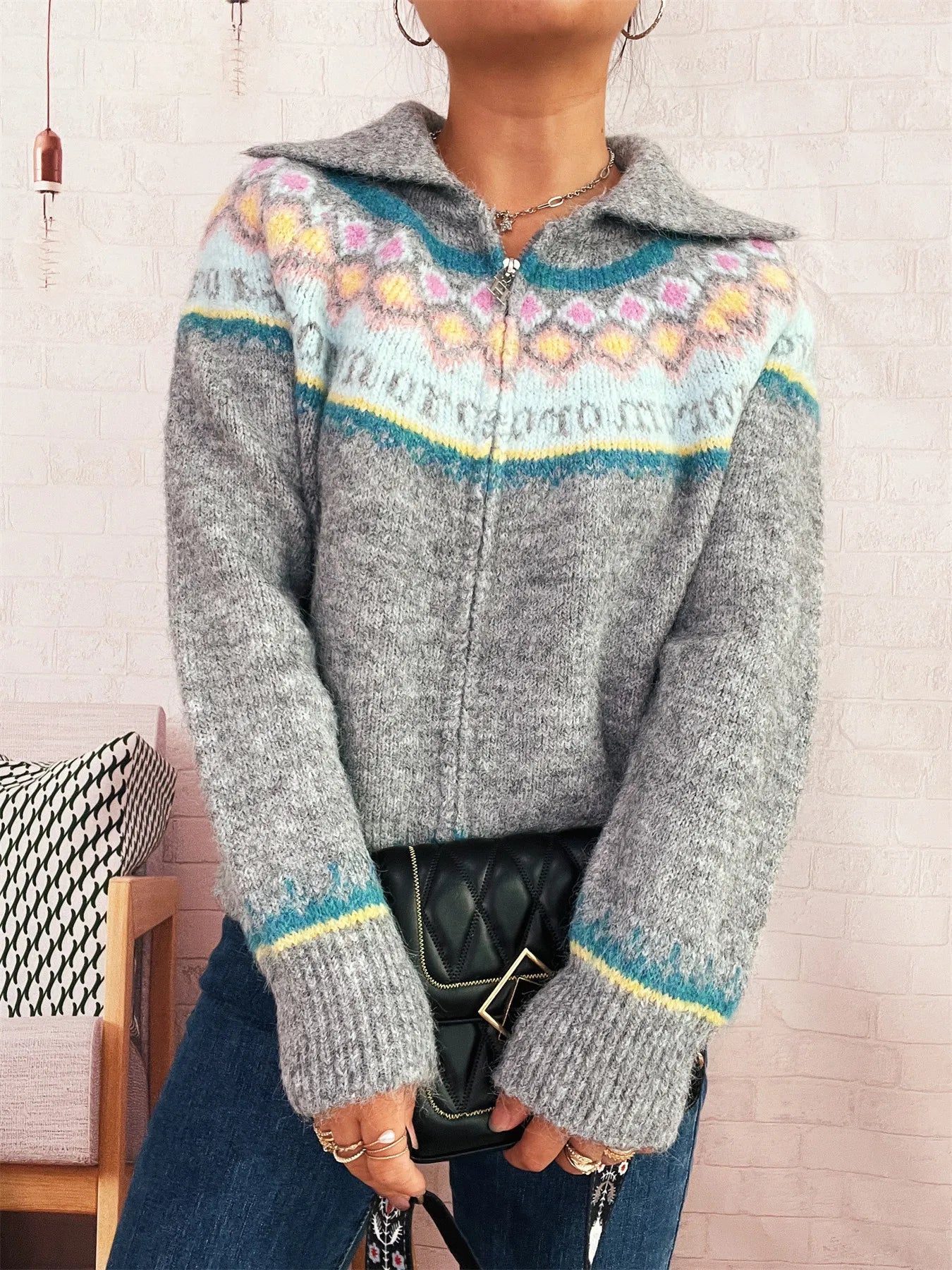 Fair Isle Pattern Zip - Up Cardigan - MAD RUFFI