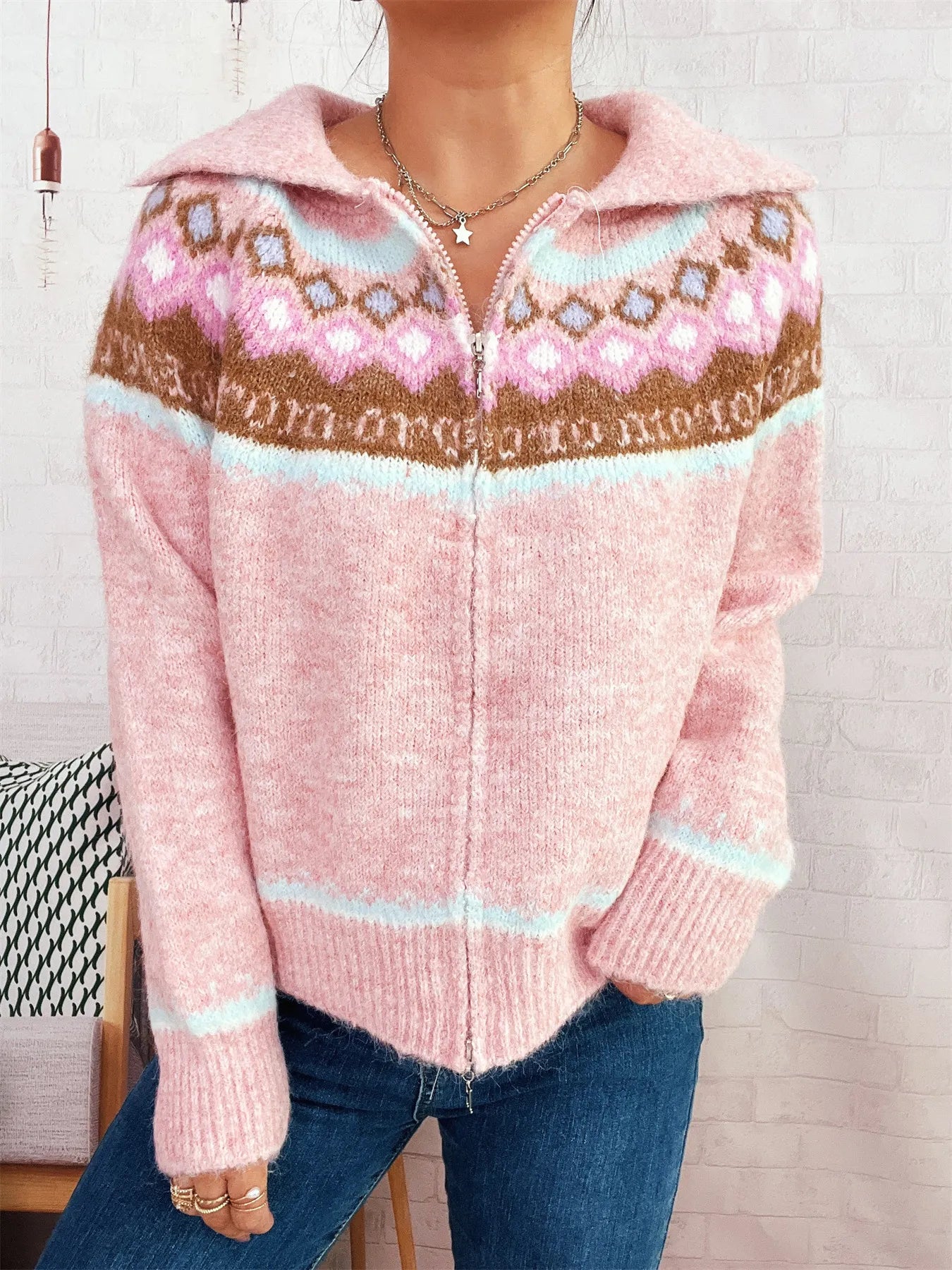 Fair Isle Pattern Zip - Up Cardigan - MAD RUFFI