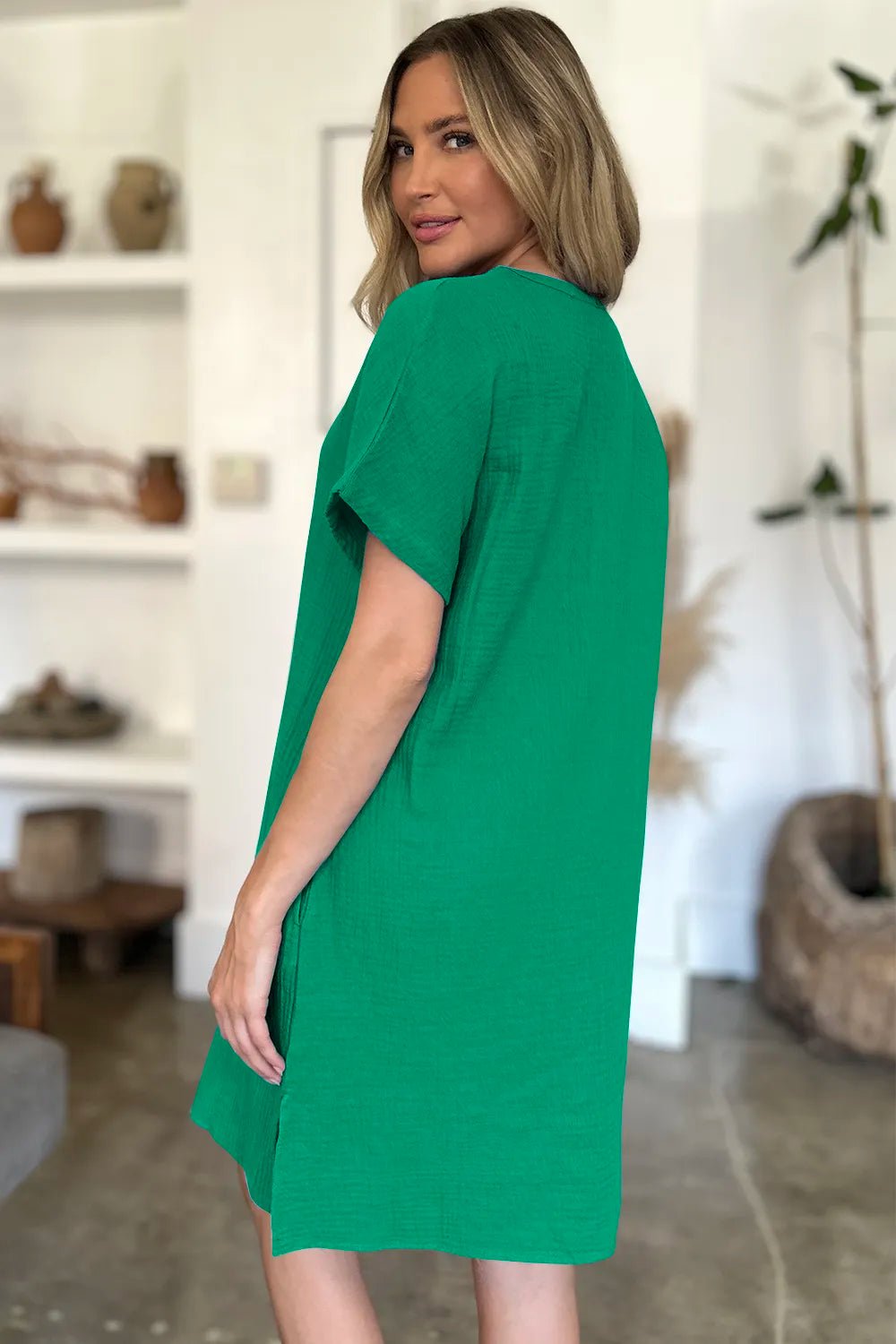 FAM - FAM Slit Notched Short Sleeve Mini Dress - MAD RUFFI