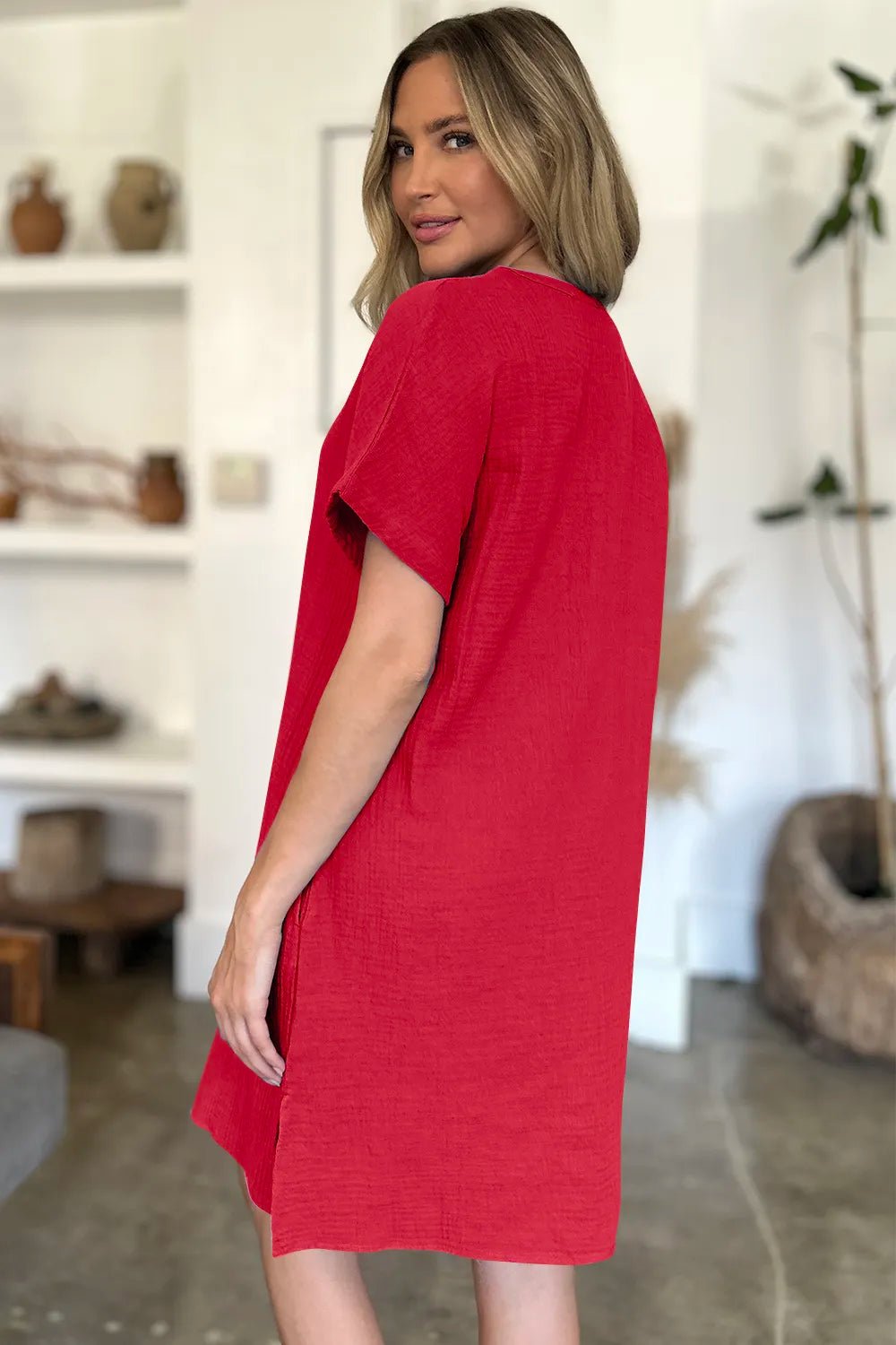 FAM - FAM Slit Notched Short Sleeve Mini Dress - MAD RUFFI