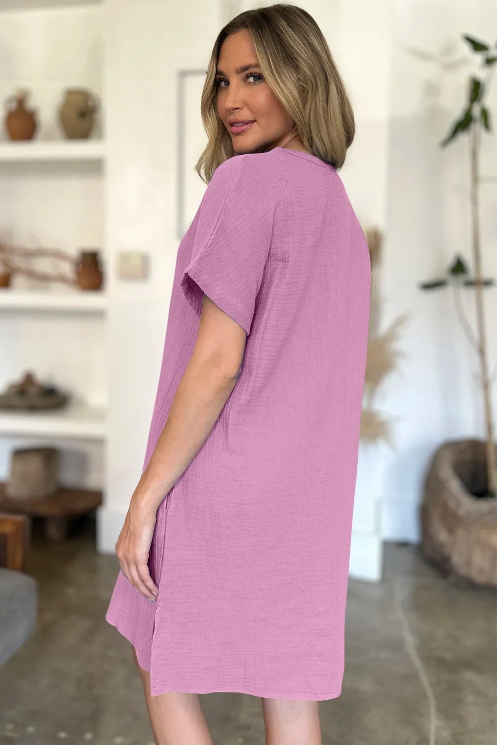 FAM - FAM Slit Notched Short Sleeve Mini Dress - MAD RUFFI