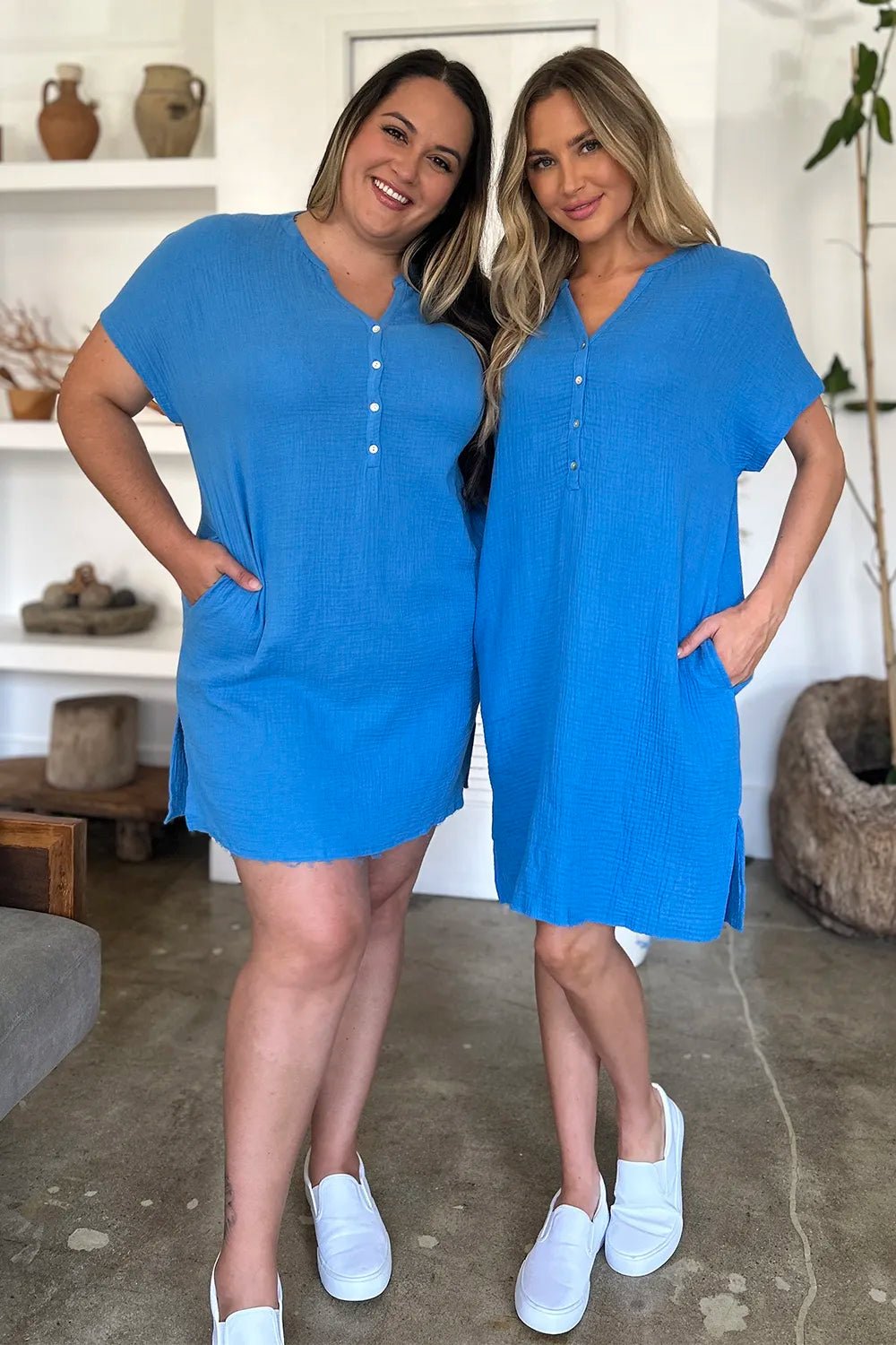 FAM - FAM Slit Notched Short Sleeve Mini Dress - MAD RUFFI