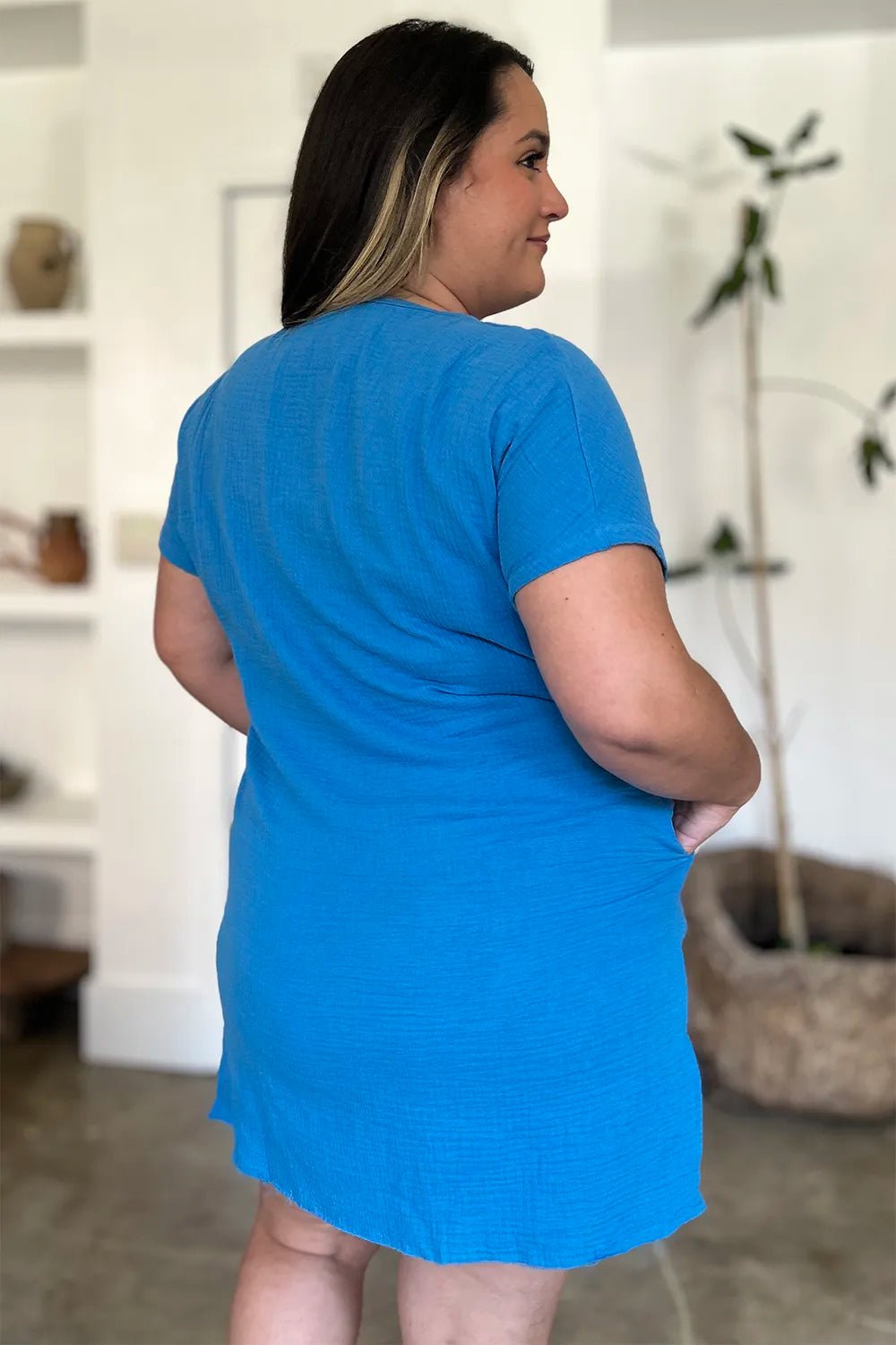 FAM - FAM Slit Notched Short Sleeve Mini Dress - MAD RUFFI