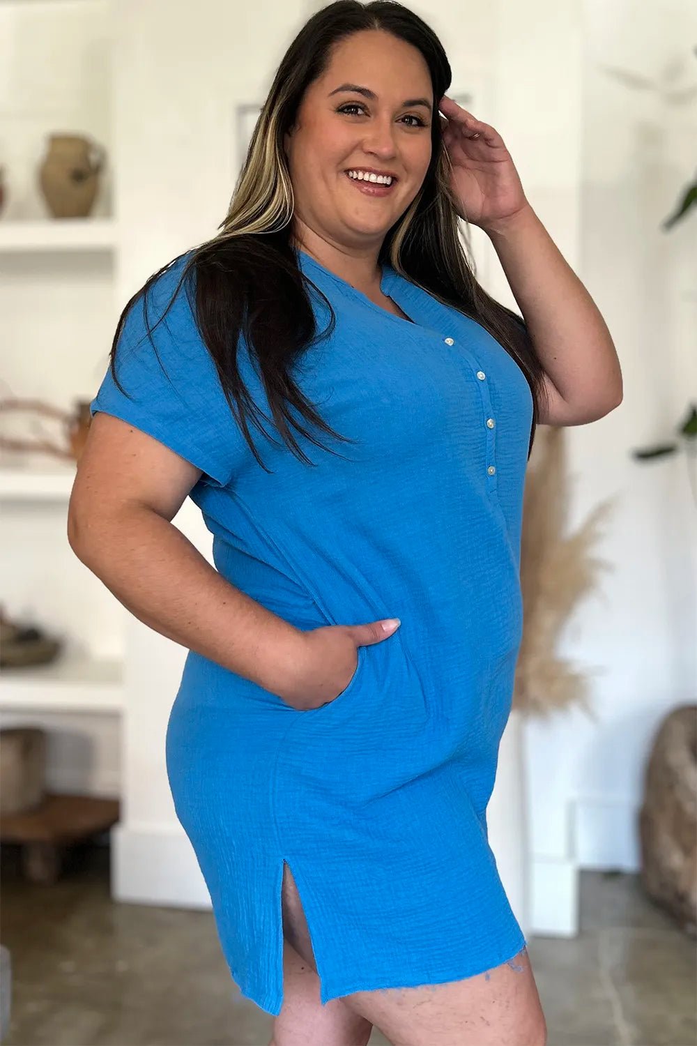 FAM - FAM Slit Notched Short Sleeve Mini Dress - MAD RUFFI