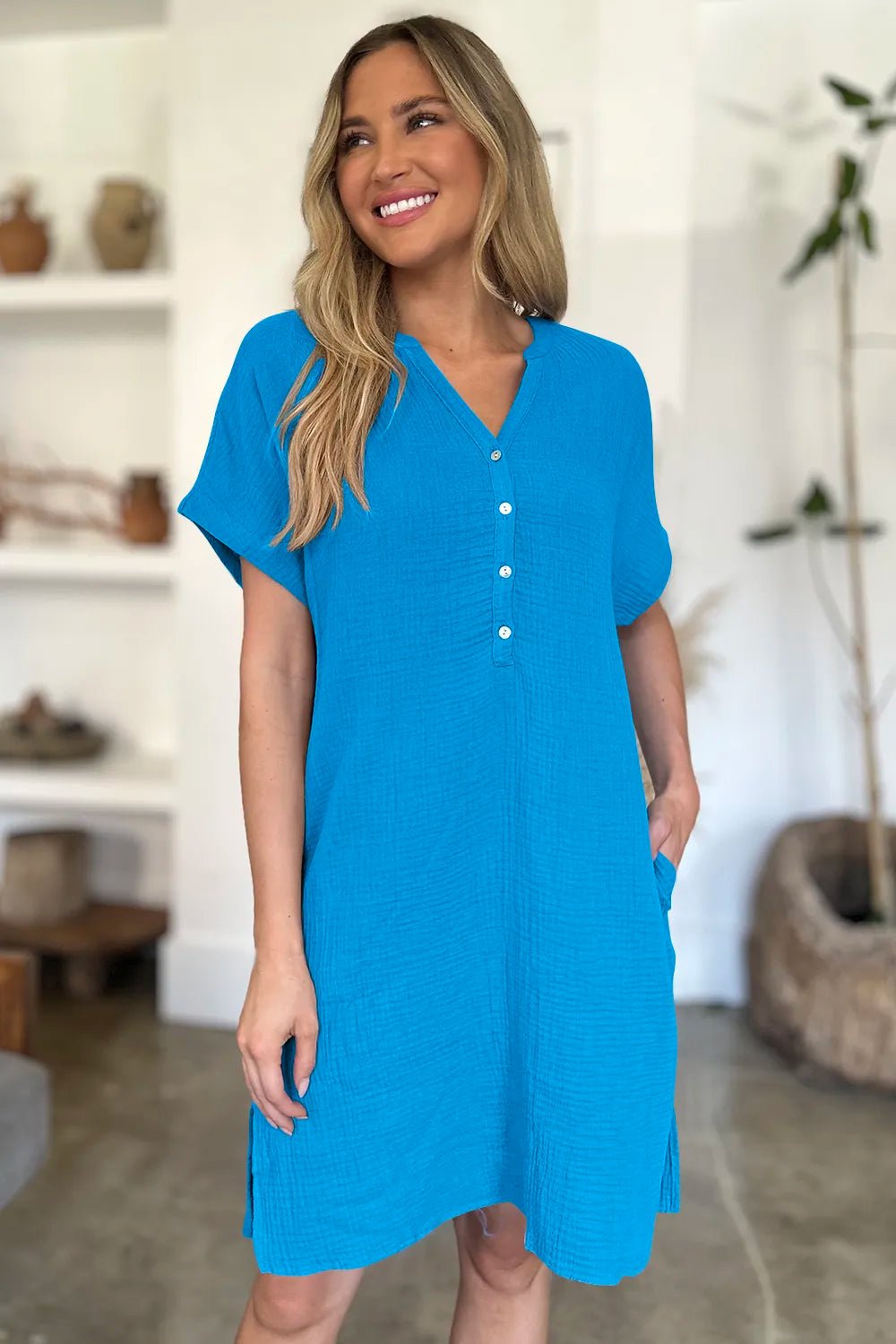 FAM - FAM Slit Notched Short Sleeve Mini Dress - MAD RUFFI