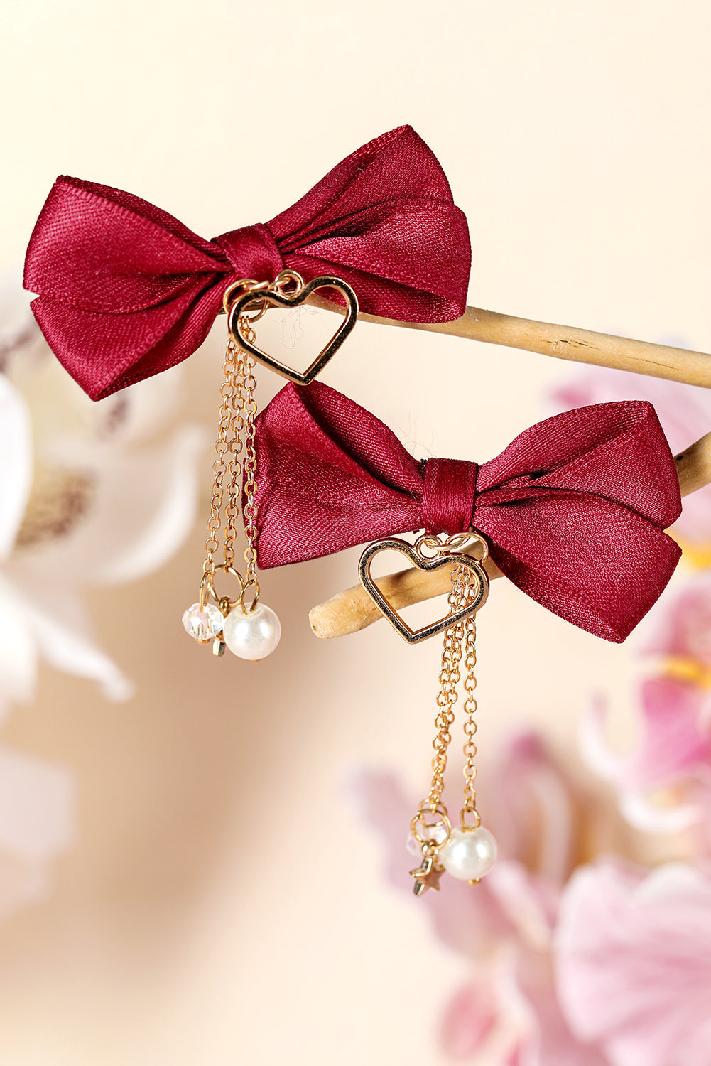 Pink Cute Heart Beaded Charm Bow Hair Clip for Girls