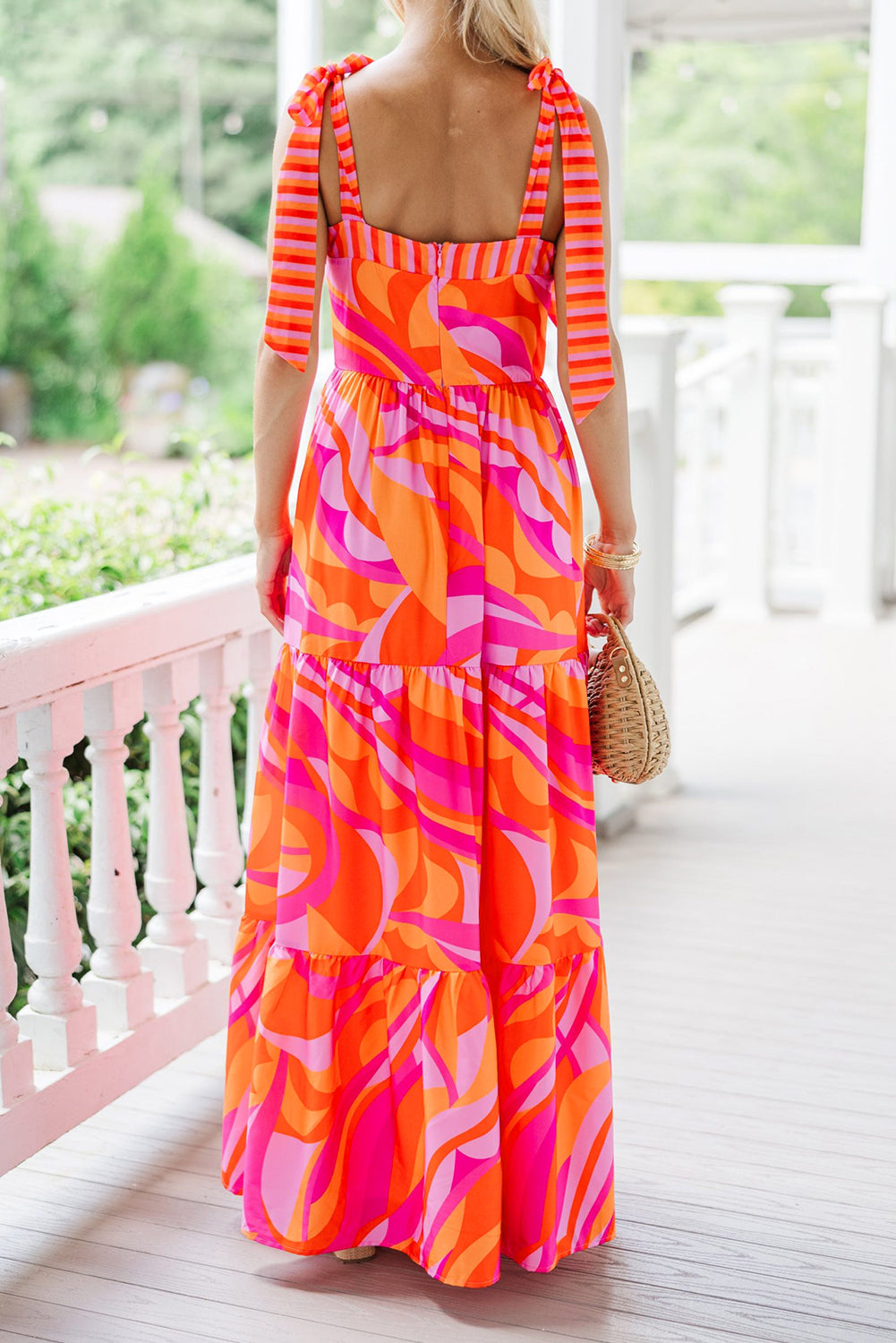 Crimson Artistic Print Knotted Shoulder High-Waisted Maxi Dress