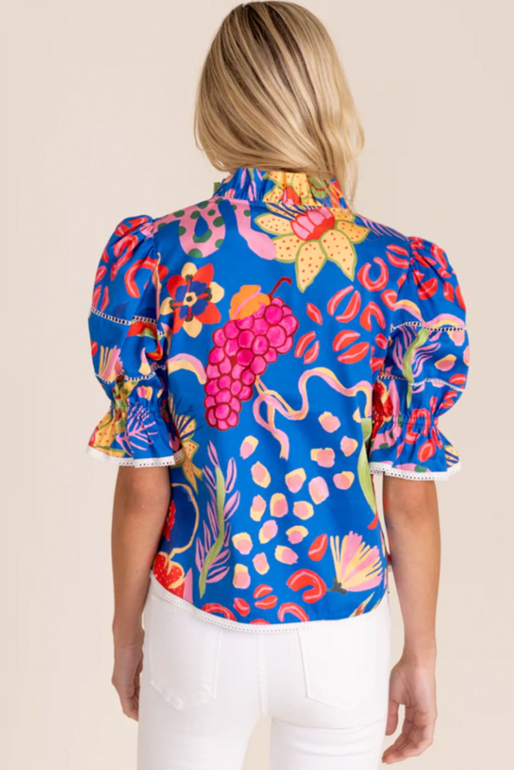 Blue Frill V-neck Abstract Print Blouse