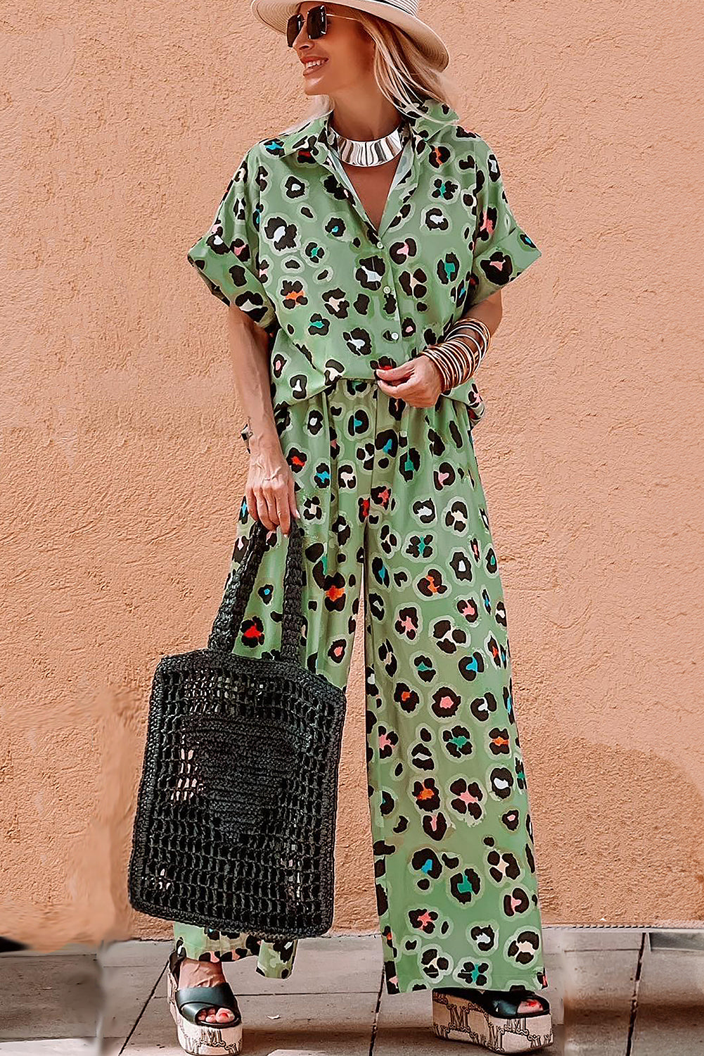 Fierce Green Leopard Print Two-Piece Shirt and Wide Leg Pants Ensemble