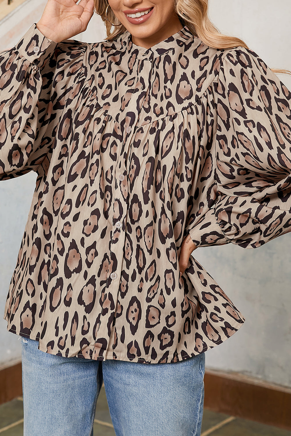 Rose Red Leopard Print Balloon Sleeve Loose Blouse