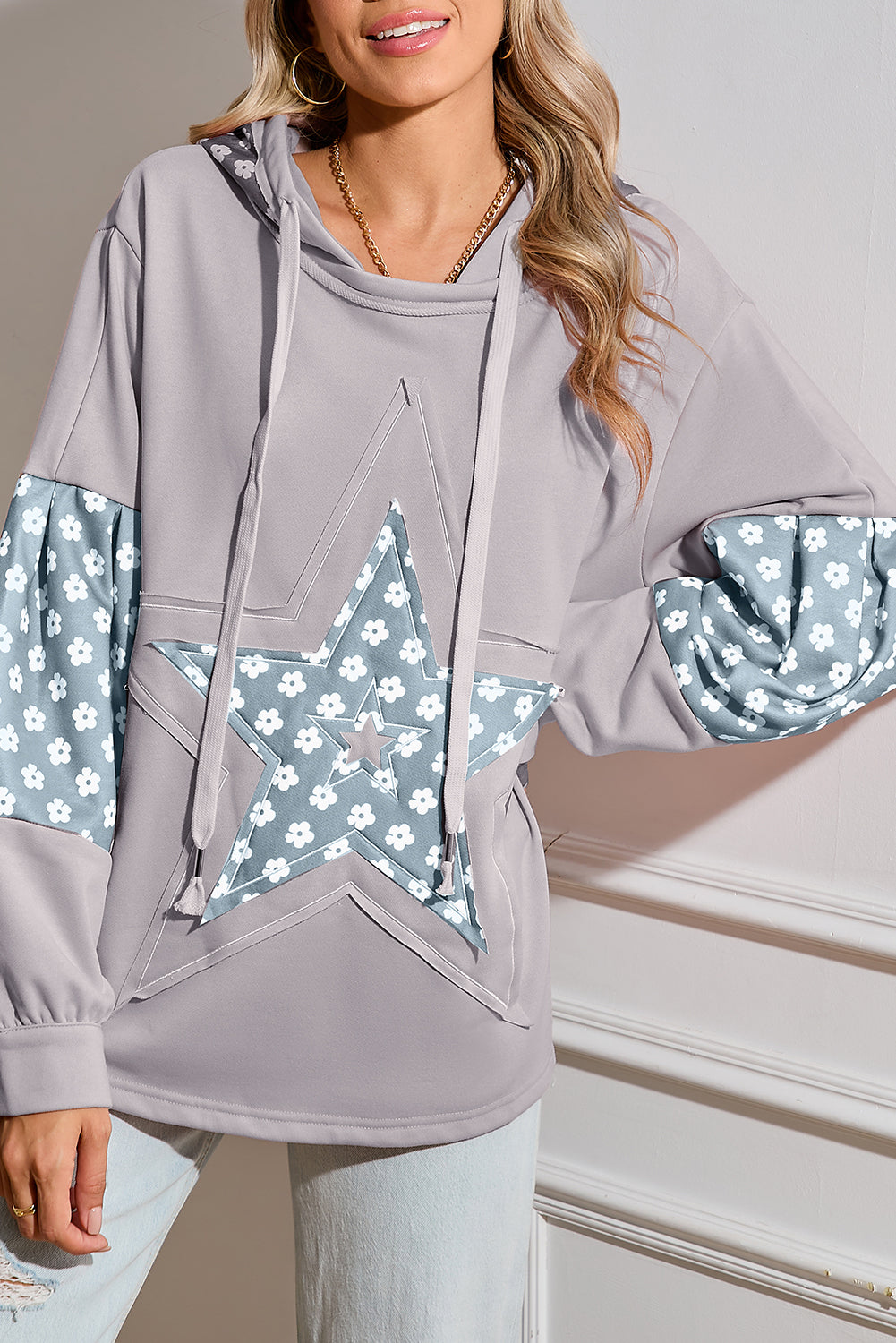 Delicacy Floral Patchwork Star Pattern Drawstring Hoodie