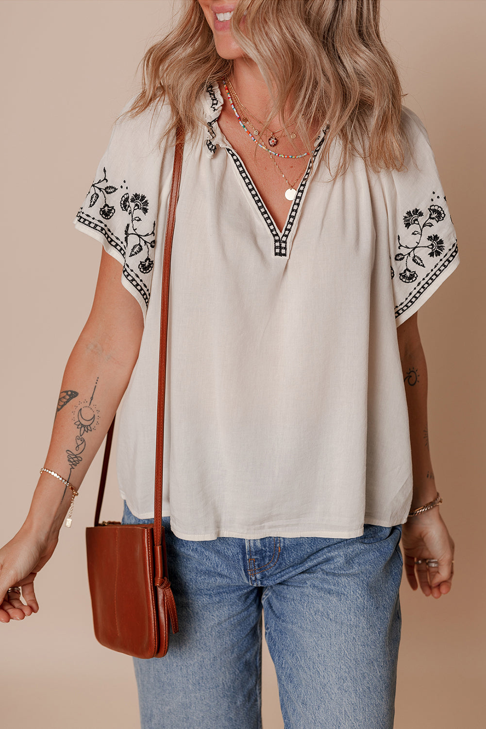 Embroidered White Cotton V Neck Blouse with Short Sleeves