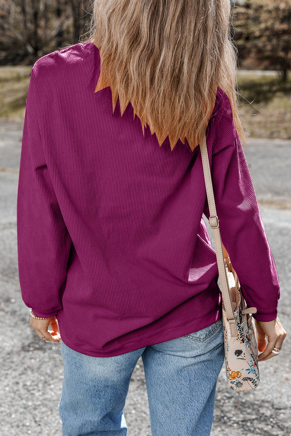 Festival Fuchsia Plain Drop Sleeve Rib Knit Oversized Sweatshirt - MAD RUFFI