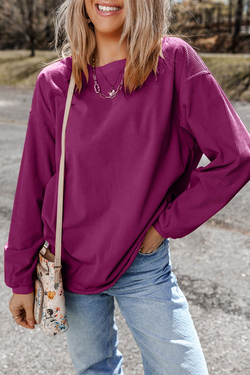 Festival Fuchsia Plain Drop Sleeve Rib Knit Oversized Sweatshirt - MAD RUFFI