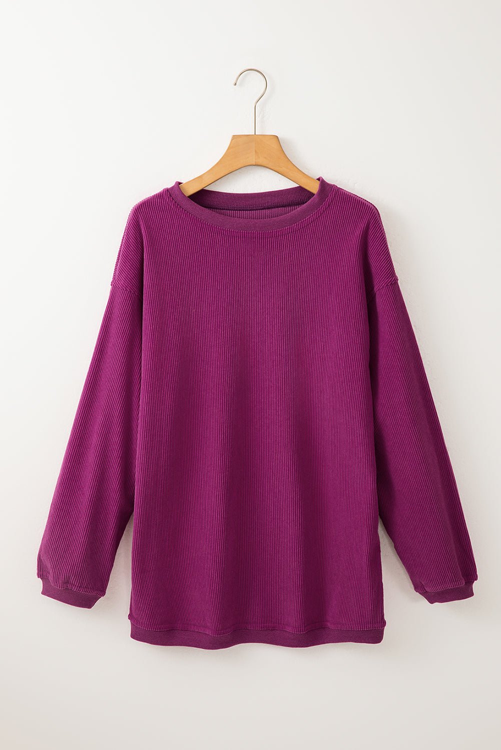 Festival Fuchsia Plain Drop Sleeve Rib Knit Oversized Sweatshirt - MAD RUFFI