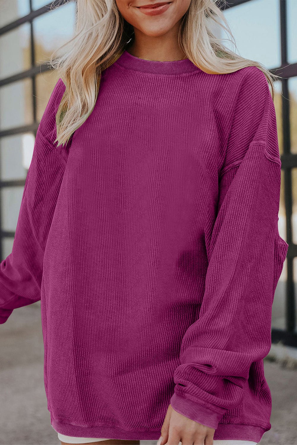 Festival Fuchsia Plain Drop Sleeve Rib Knit Oversized Sweatshirt - MAD RUFFI