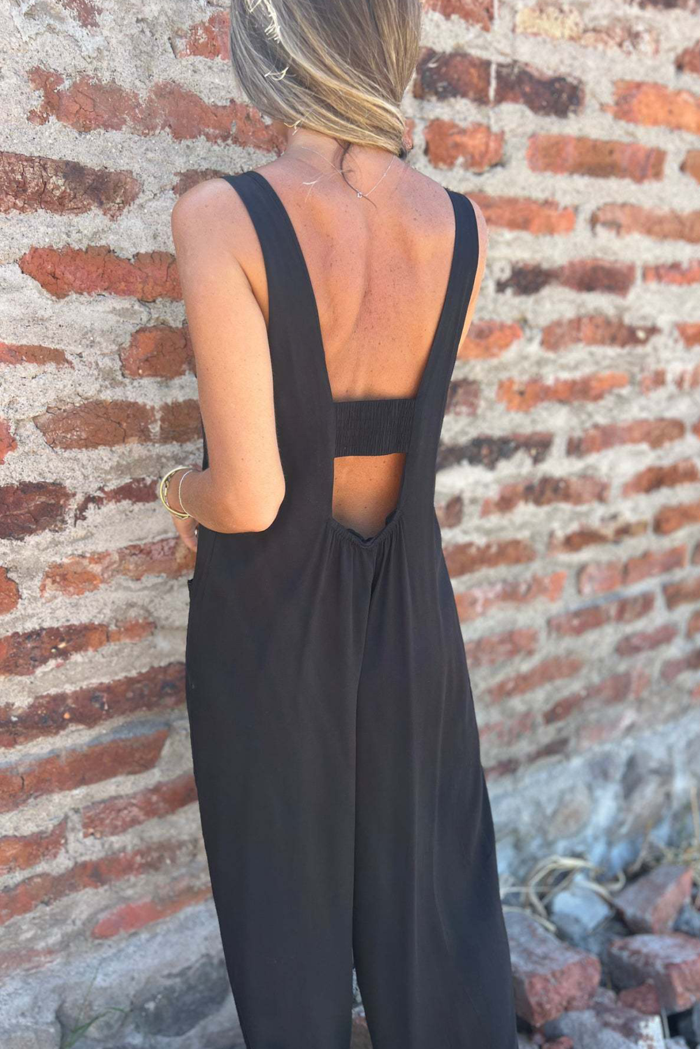 Black Button Pockets Open Back Loose Strappy Jumpsuit