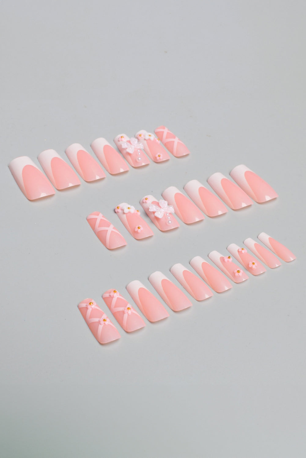 Pink 3D Bow and Flower Long Nail Stickers for Elegant Nails