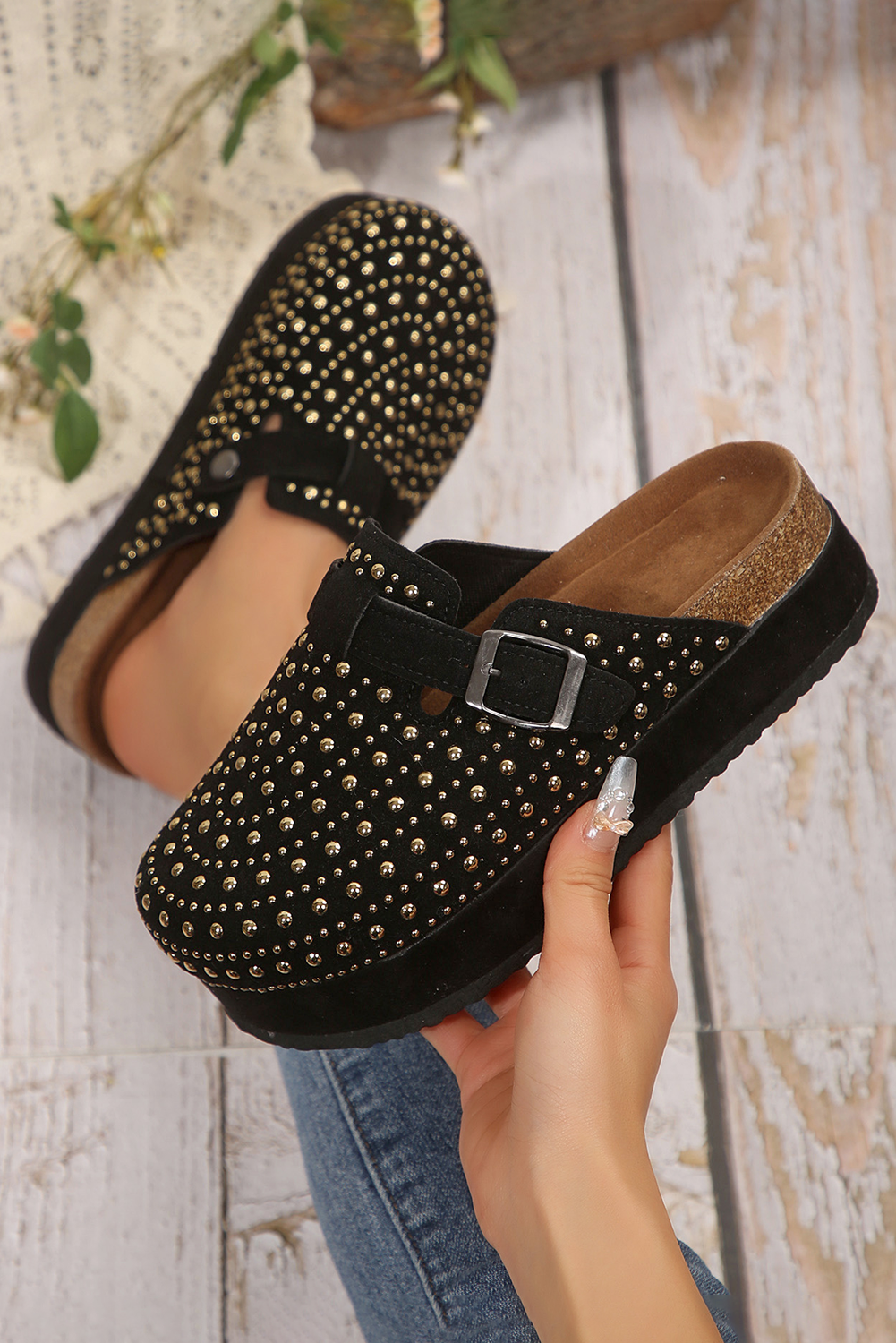 Black Vintage Studded Platform Slippers