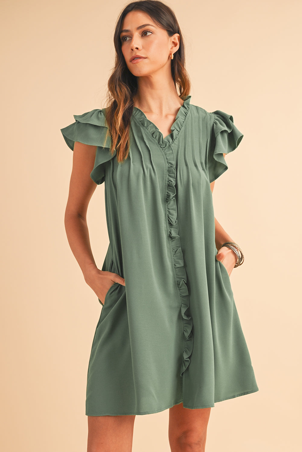 Soft Mist Green Ruffled Sleeve V-Neck Mini Dress with Pockets