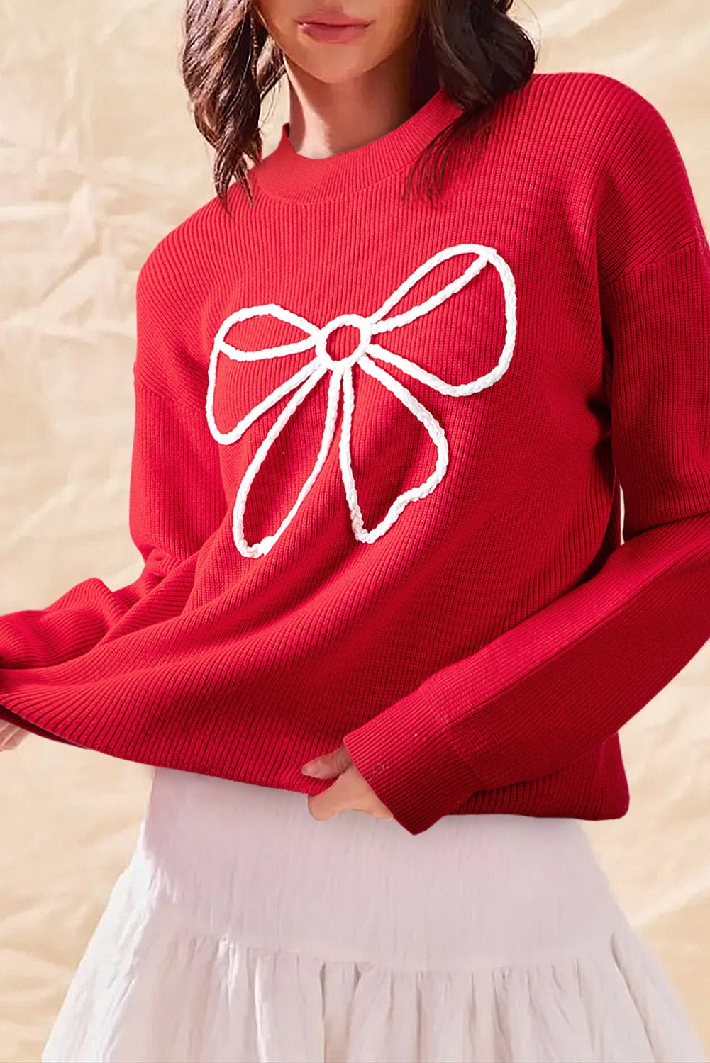 Fiery Red Braided Bow Pattern Sweater - MAD RUFFI