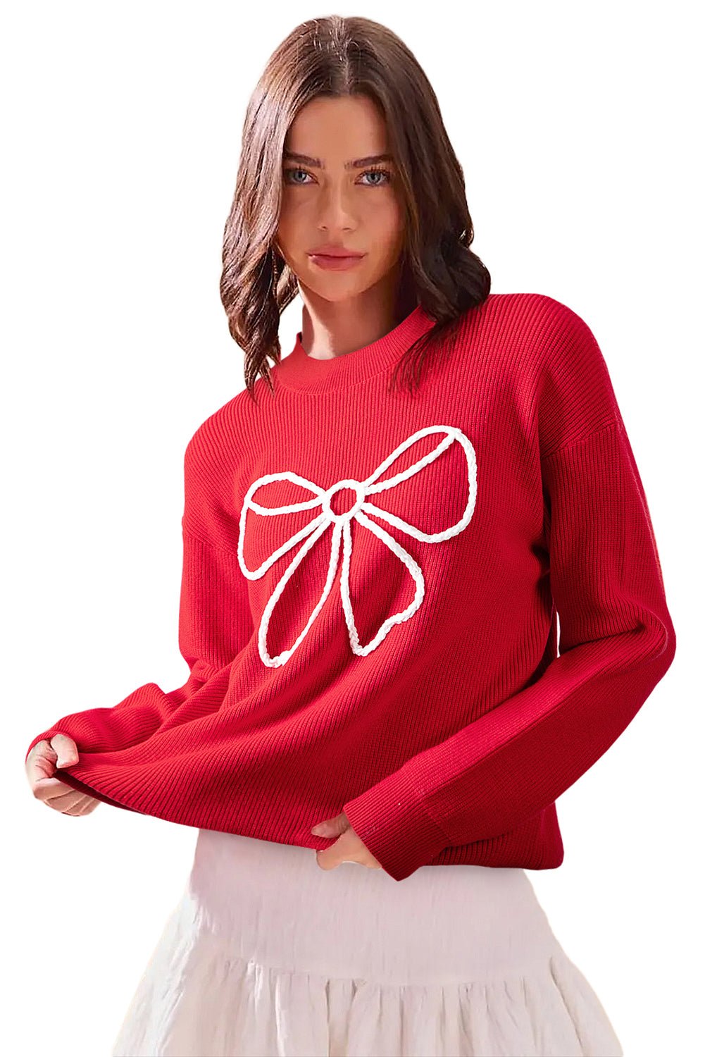 Fiery Red Braided Bow Pattern Sweater - MAD RUFFI