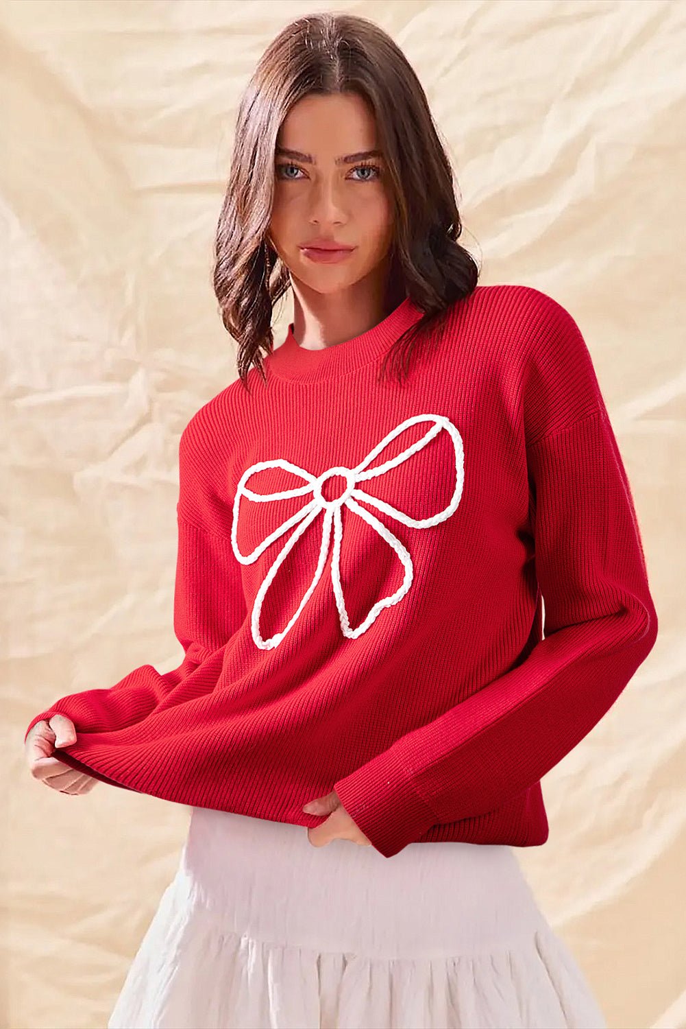 Fiery Red Braided Bow Pattern Sweater - MAD RUFFI