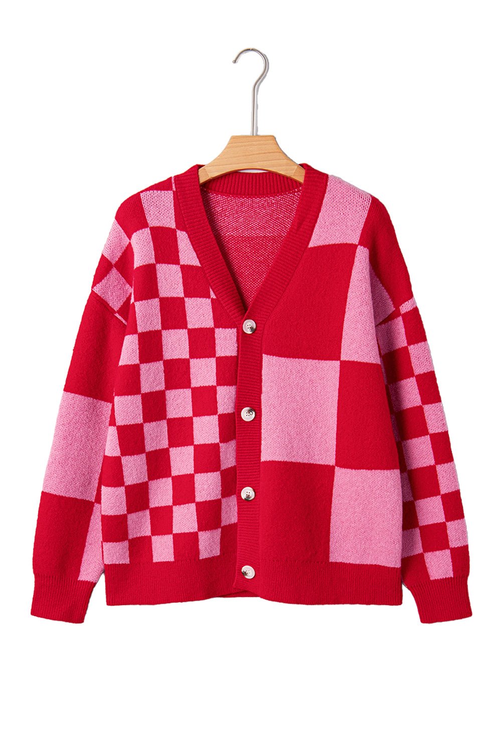 Fiery Red Colorblock Plaid Button Knit Cardigan - MAD RUFFI