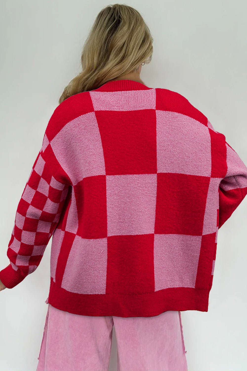 Fiery Red Colorblock Plaid Button Knit Cardigan - MAD RUFFI