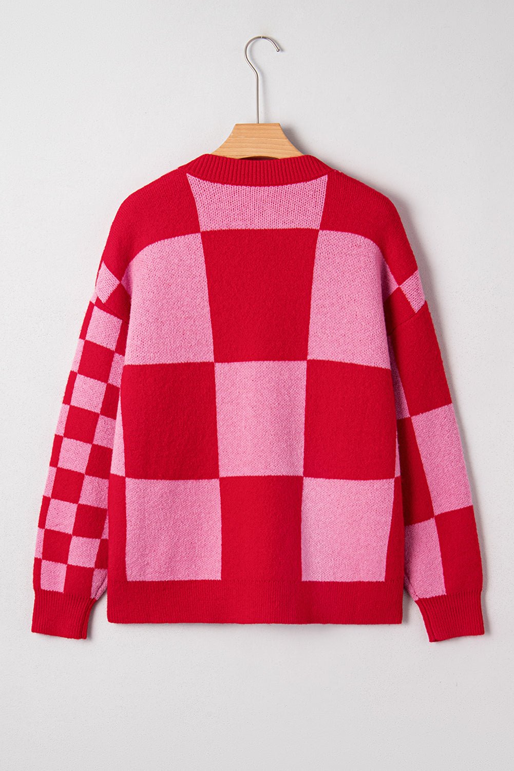 Fiery Red Colorblock Plaid Button Knit Cardigan - MAD RUFFI