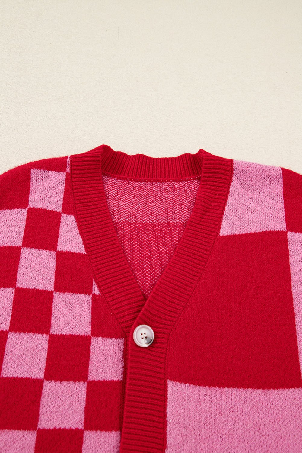 Fiery Red Colorblock Plaid Button Knit Cardigan - MAD RUFFI