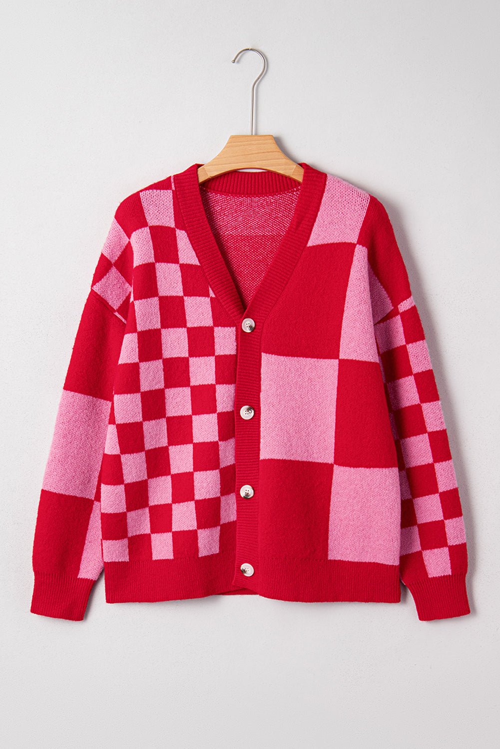 Fiery Red Colorblock Plaid Button Knit Cardigan - MAD RUFFI