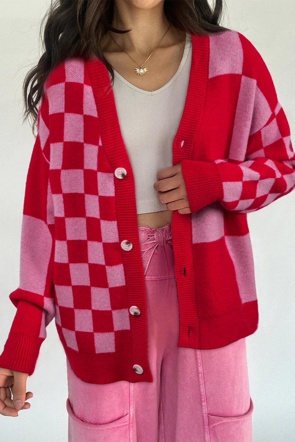 Fiery Red Colorblock Plaid Button Knit Cardigan - MAD RUFFI