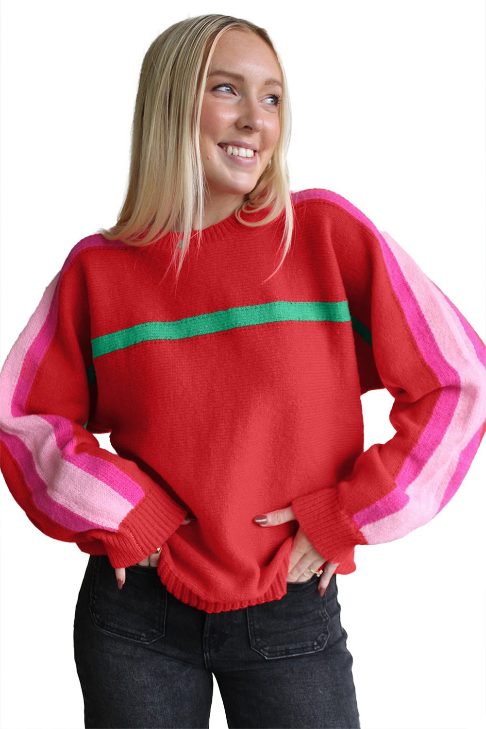 Fiery Red Colorblock Striped Long Sleeve Knit Sweater - MAD RUFFI