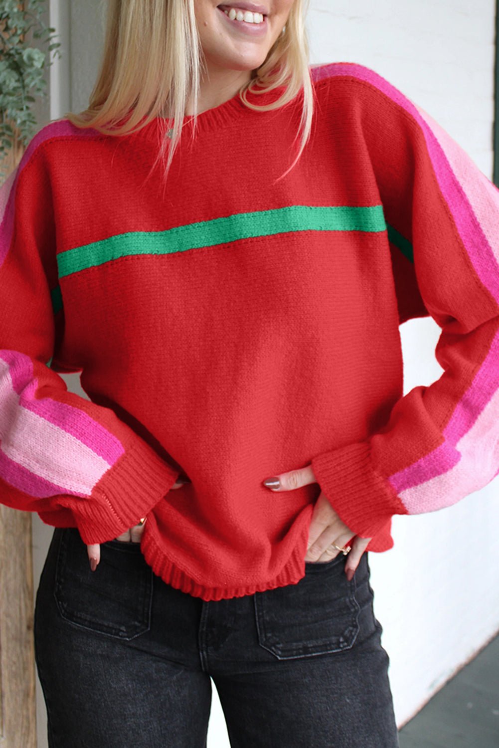 Fiery Red Colorblock Striped Long Sleeve Knit Sweater - MAD RUFFI