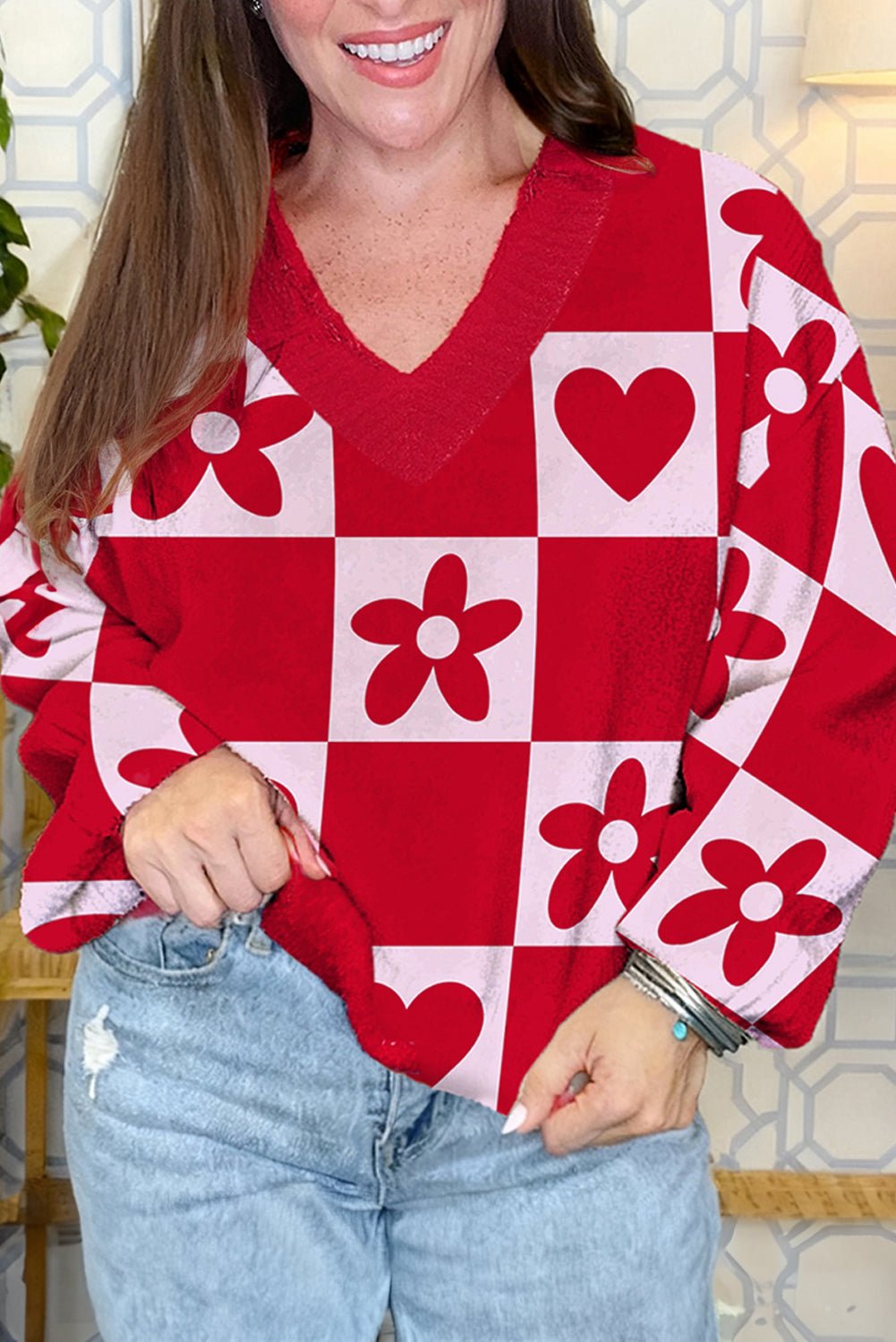 Fiery Red Floral Heart Pattern Plaid V Neck Sweater - MAD RUFFI