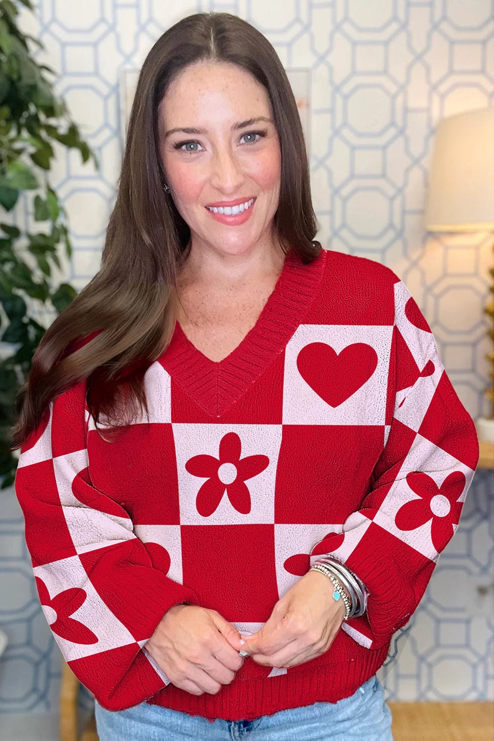 Fiery Red Floral Heart Pattern Plaid V Neck Sweater - MAD RUFFI