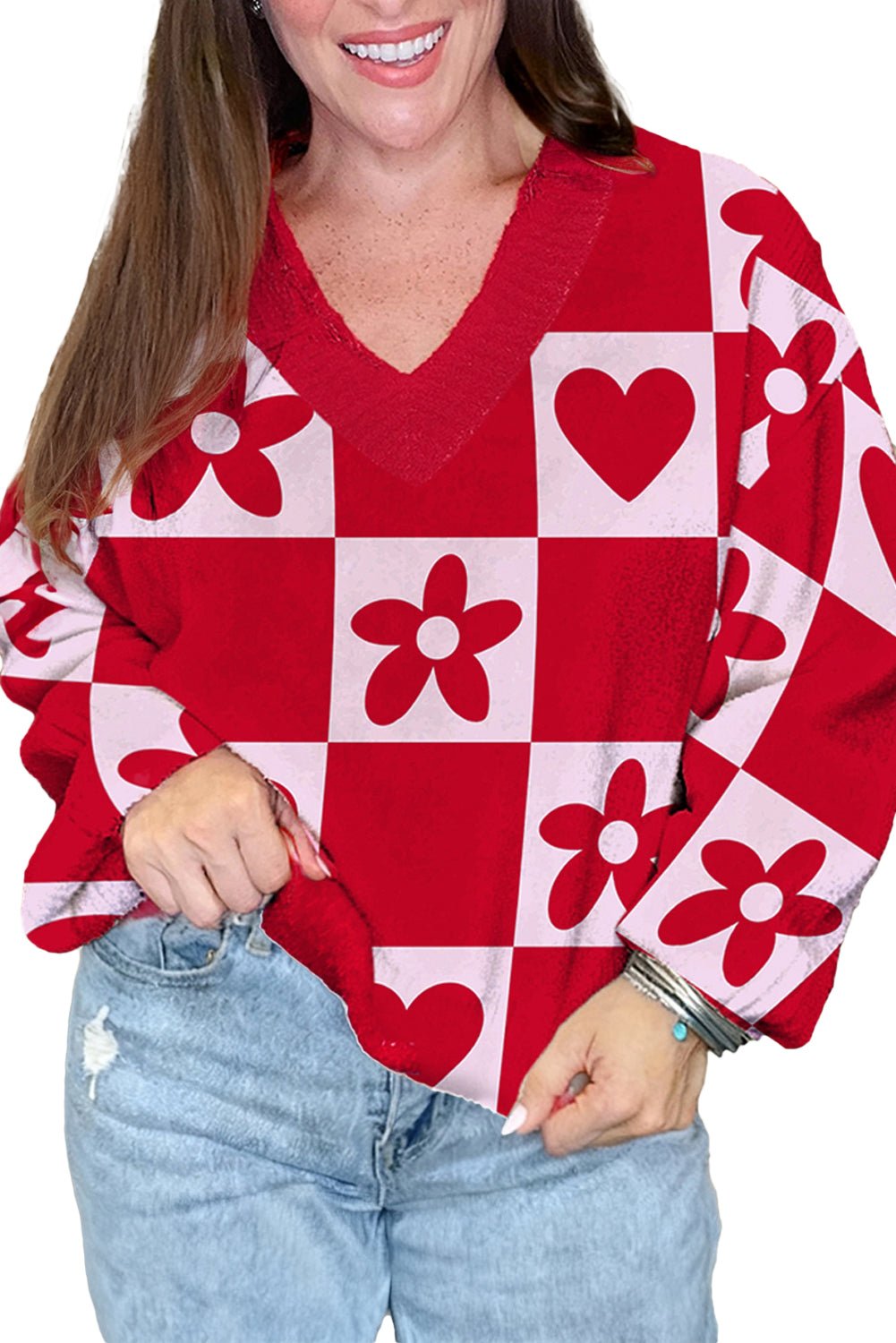 Fiery Red Floral Heart Pattern Plaid V Neck Sweater - MAD RUFFI