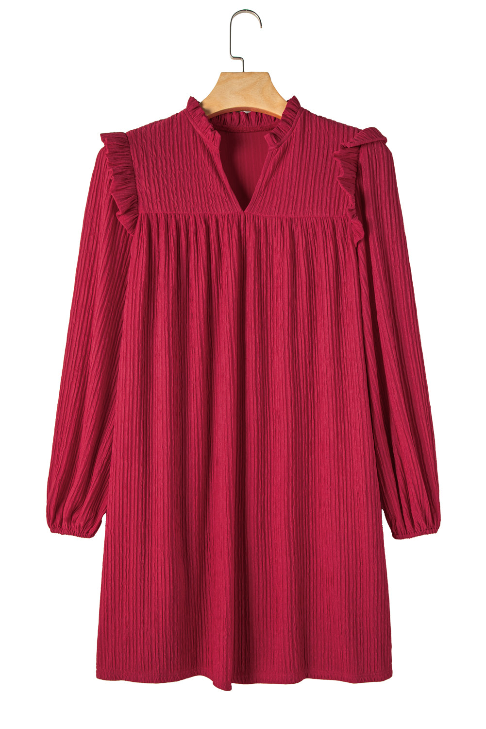 Fiery Red Frill Trim V Neck Loose Fit Ribbed Mini Dress - MAD RUFFI