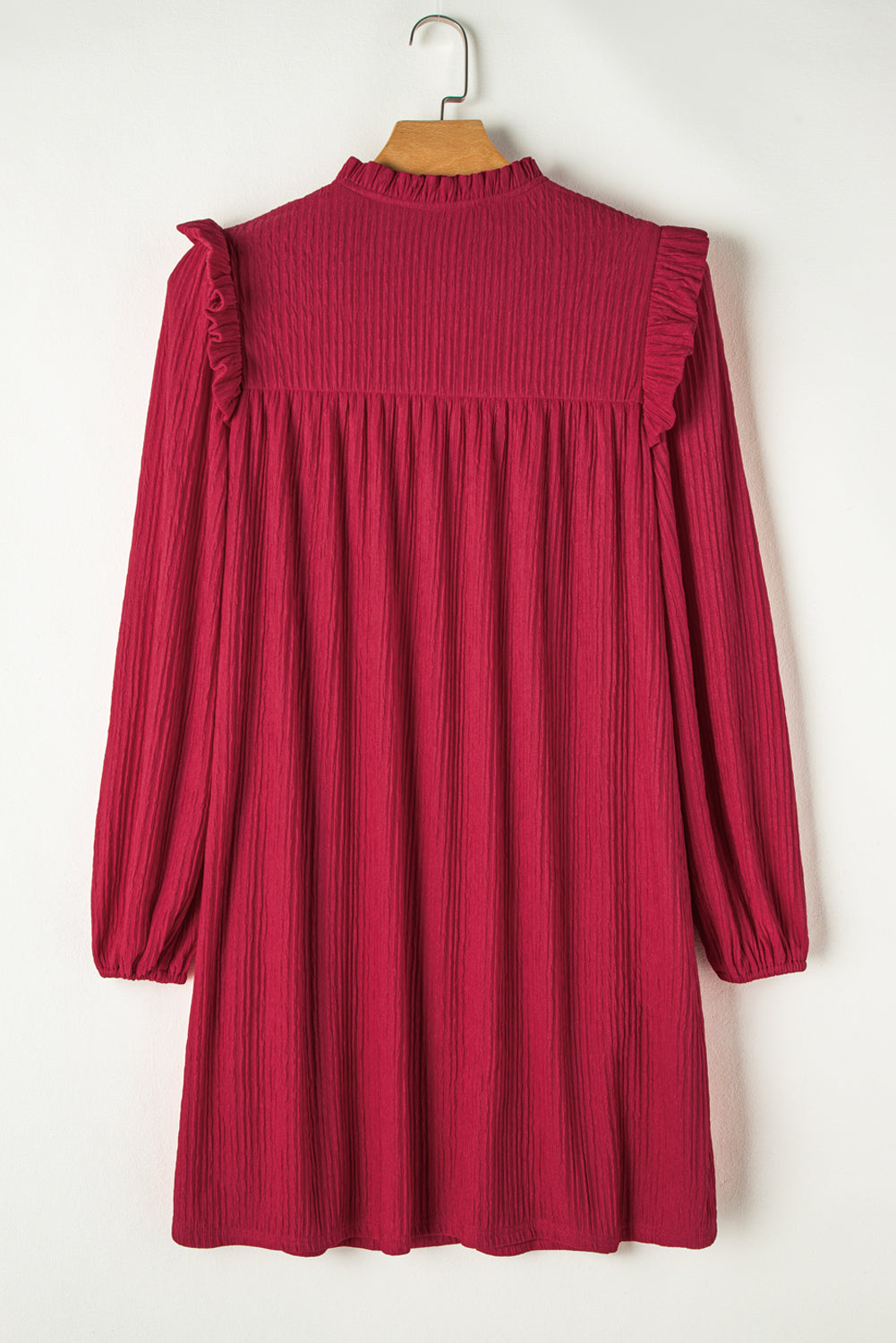 Fiery Red Frill Trim V Neck Loose Fit Ribbed Mini Dress - MAD RUFFI